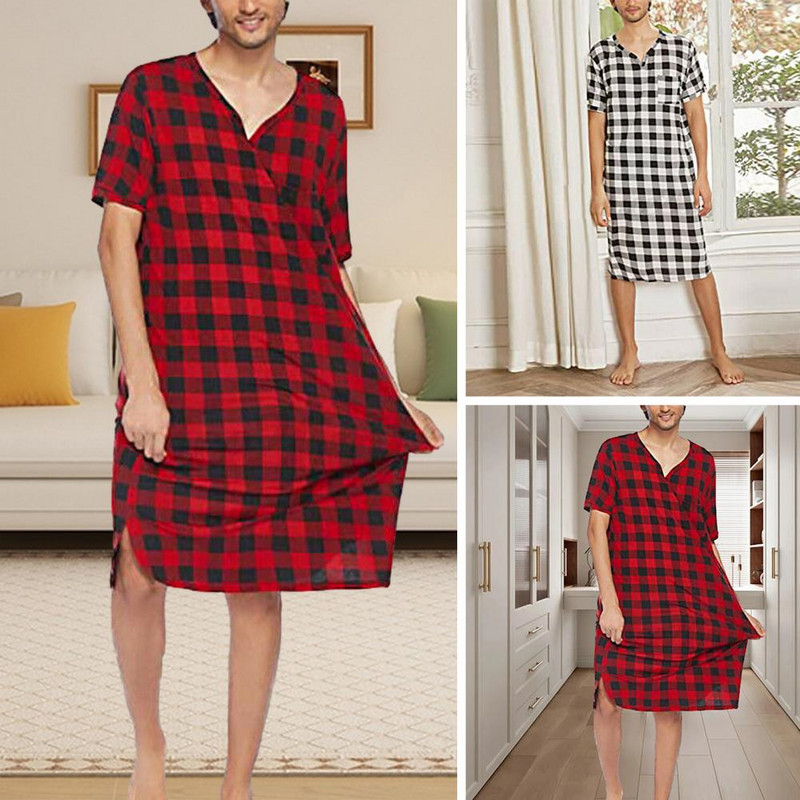 Összehangolt fej-váll arányú pizsama V-nyakú pizsama kockás mintás férfi nyári pizsama rövid ujjú mellkassal otthoni viselethez
