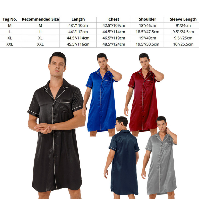 Vīriešu melns atpūtas apģērbs Mākslīgā zīda naktsveļa Komforta zīdaini satīna pidžamas guļambikses ar pogas uz leju rīta kleita naktskrekls