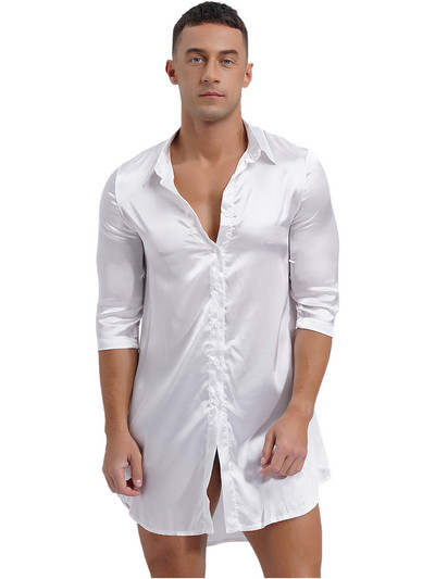 Vīriešu māsains zīdains satīna krekls atpūtas apģērbs ar puspiedurknēm pogām pidžamas vienkrāsains, gari halāti Kimono peldmētelis naktskrekls guļamveļa