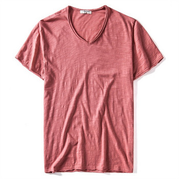 2021 Нова лятна тениска с V-образно деколте Мъжки 100% пениран памук Едноцветна тениска с къс ръкав Мъжка фитнес долна тениска Мъжки тениски