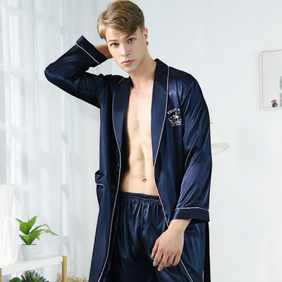 Vīriešu halātu komplekti naktskrekls satīna zīda vasaras un rudens kimono peldmēteļa kleita ar garām piedurknēm guļamveļa, 2 dab., mājas kleita MY440