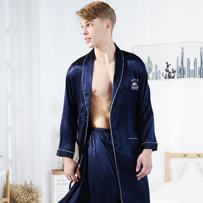 Vīriešu halātu komplekti naktskrekls satīna zīda vasaras un rudens kimono peldmēteļa kleita ar garām piedurknēm guļamveļa, 2 dab., mājas kleita MY440