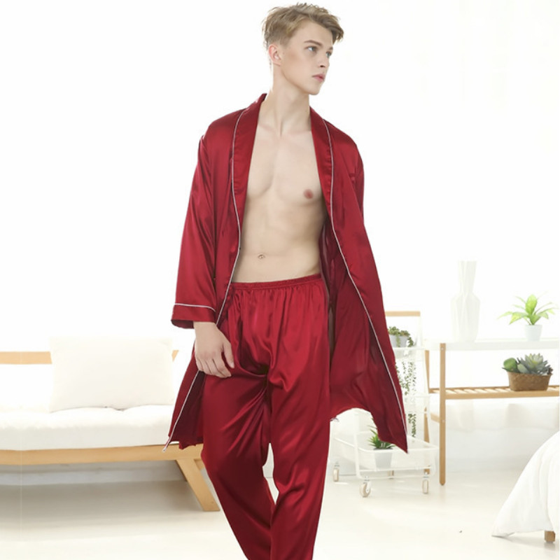 Vīriešu halātu komplekti naktskrekls satīna zīda vasaras un rudens kimono peldmēteļa kleita ar garām piedurknēm guļamveļa, 2 dab., mājas kleita MY440