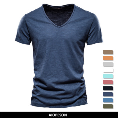 Качествена марка 100% памук Мъжка тениска с V-образно деколте Моден дизайн Slim Fit Soild Тениски Мъжки тениски с къс ръкав Тениска за мъже