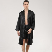 Vīriešu melns 2GB guļamveļa, satīna masīvs halāts un šorti ar garām piedurknēm peldmēteļa kleita vīriešiem miega komplekts zīdains pidžamas komplekts mājas apģērbs