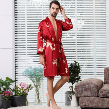 Ανδρικό Rob Set Kimono Πυτζάμες Ρόμπα Ελαστικές Ζώνες Κοστούμι δύο τεμαχίων Chinese Dragons Silk Ανδρική ρόμπα πιτζάμες με σορτς Ανδρικά νυχτικά