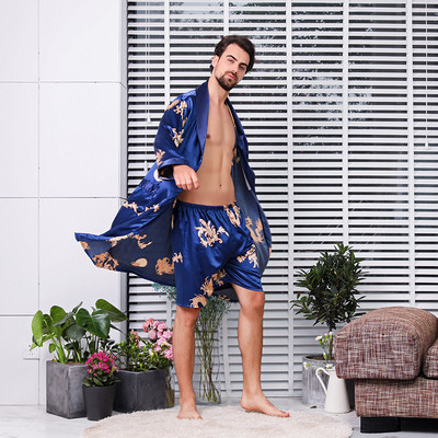 Muški Rob Set Kimono Odjeća za spavanje Ogrtač Elastični pojasevi Dvodijelno odijelo Kineski zmajevi Svilena muška pidžama Ogrtač s kratkim hlačama Muške spavaćice
