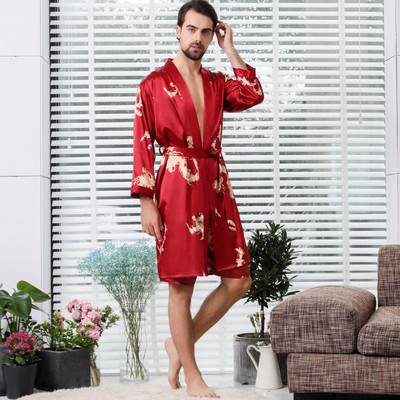 Vīriešu Rob Set Kimono Guļambikses halāts Elastīgas Jostas Divdaļīgs Uzvalks Ķīniešu Pūķi Zīds Vīriešu Pidžamas halāts ar Šortiem Vīriešu naktskrekli