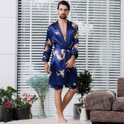 Vīriešu Rob Set Kimono Guļambikses halāts Elastīgas Jostas Divdaļīgs Uzvalks Ķīniešu Pūķi Zīds Vīriešu Pidžamas halāts ar Šortiem Vīriešu naktskrekli