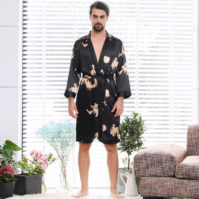 Vīriešu Rob Set Kimono Guļambikses halāts Elastīgas Jostas Divdaļīgs Uzvalks Ķīniešu Pūķi Zīds Vīriešu Pidžamas halāts ar Šortiem Vīriešu naktskrekli