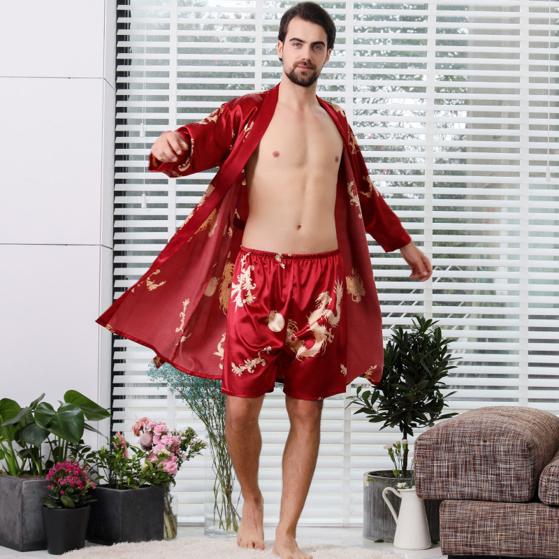 Vīriešu Rob Set Kimono Guļambikses halāts Elastīgas Jostas Divdaļīgs Uzvalks Ķīniešu Pūķi Zīds Vīriešu Pidžamas halāts ar Šortiem Vīriešu naktskrekli