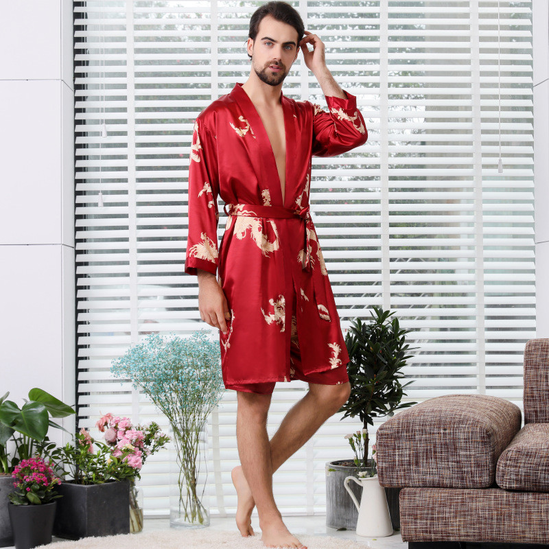 Vīriešu Rob Set Kimono Guļambikses halāts Elastīgas Jostas Divdaļīgs Uzvalks Ķīniešu Pūķi Zīds Vīriešu Pidžamas halāts ar Šortiem Vīriešu naktskrekli