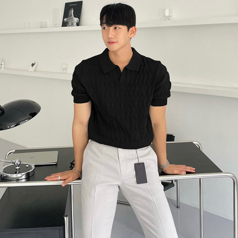 Vasaras apģērbs Vīriešu viegls luksusa trikotāžas žakarda polo krekls V veida kakla vienkrāsains ar īsām piedurknēm korejiešu populāri brīvā laika trikotāžas izstrādājumi