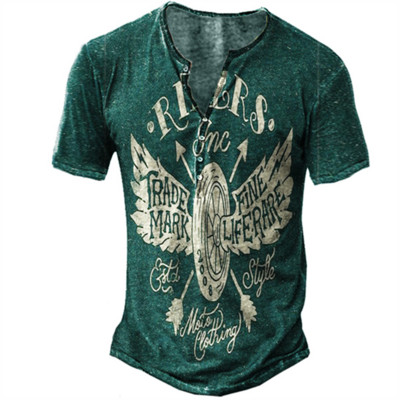 Vīriešu panka stila T-krekls ar īsām piedurknēm retro pogas ar V veida kakla izgriezumu Lielizmēra Henley krekls ar modes rakstu ar apdruku, T-krekli, vīriešu ielas apģērbi