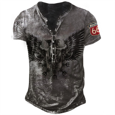 Vīriešu panka stila T-krekls ar īsām piedurknēm retro pogas ar V veida kakla izgriezumu Lielizmēra Henley krekls ar modes rakstu ar apdruku, T-krekli, vīriešu ielas apģērbi