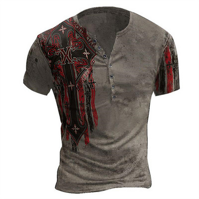 Vīriešu panka stila T-krekls ar īsām piedurknēm retro pogas ar V veida kakla izgriezumu Lielizmēra Henley krekls ar modes rakstu ar apdruku, T-krekli, vīriešu ielas apģērbi