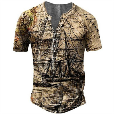 Vīriešu panka stila T-krekls ar īsām piedurknēm retro pogas ar V veida kakla izgriezumu Lielizmēra Henley krekls ar modes rakstu ar apdruku, T-krekli, vīriešu ielas apģērbi