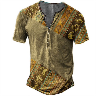 Vīriešu panka stila T-krekls ar īsām piedurknēm retro pogas ar V veida kakla izgriezumu Lielizmēra Henley krekls ar modes rakstu ar apdruku, T-krekli, vīriešu ielas apģērbi