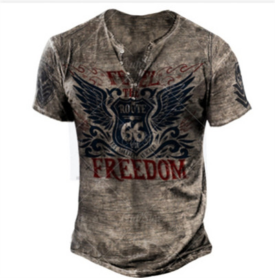 Vīriešu panka stila T-krekls ar īsām piedurknēm retro pogas ar V veida kakla izgriezumu Lielizmēra Henley krekls ar modes rakstu ar apdruku, T-krekli, vīriešu ielas apģērbi