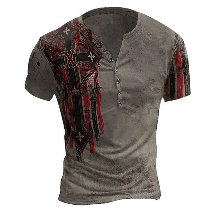 Vīriešu panka stila T-krekls ar īsām piedurknēm retro pogas ar V veida kakla izgriezumu Lielizmēra Henley krekls ar modes rakstu ar apdruku, T-krekli, vīriešu ielas apģērbi