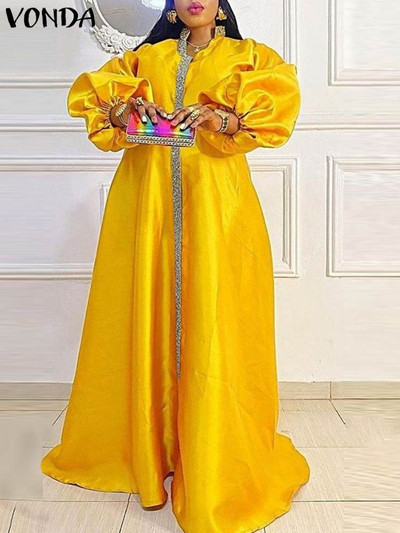 VONDA Liela izmēra 5XL Vasaras sieviešu Maxi kleita ar garām laternām piedurknēm Sexy V-veida kakla izgriezums, satīna raibs, ballītei ikdienišķs brīvs halāts