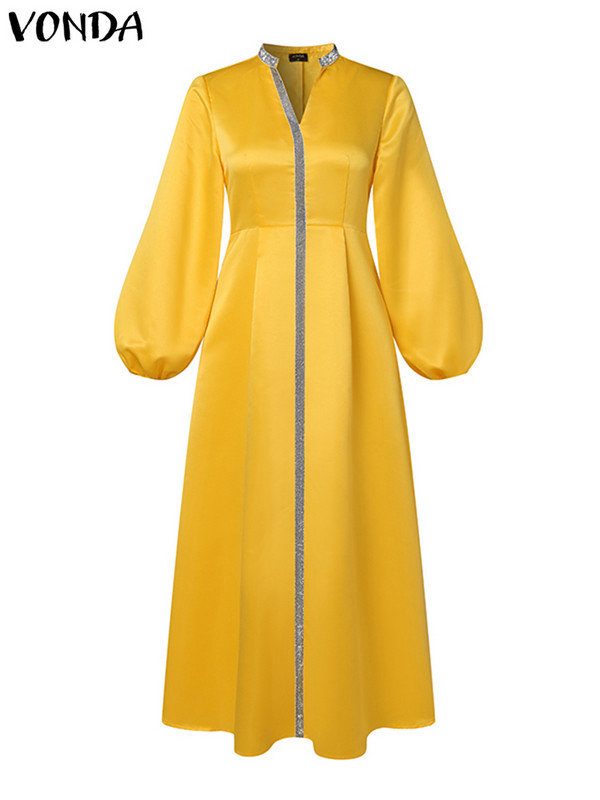 VONDA Liela izmēra 5XL Vasaras sieviešu Maxi kleita ar garām laternām piedurknēm Sexy V-veida kakla izgriezums, satīna raibs, ballītei ikdienišķs brīvs halāts