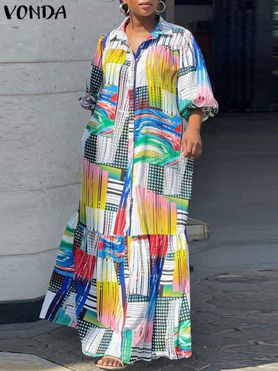 Liela izmēra 5XL VONDA 2024. gada vasaras Bohēmijas apdrukāta kleita sievietēm Eleganta ar garām piedurknēm Vintage Maxi Sundress Ikdienišķas pogas, brīvs halāts