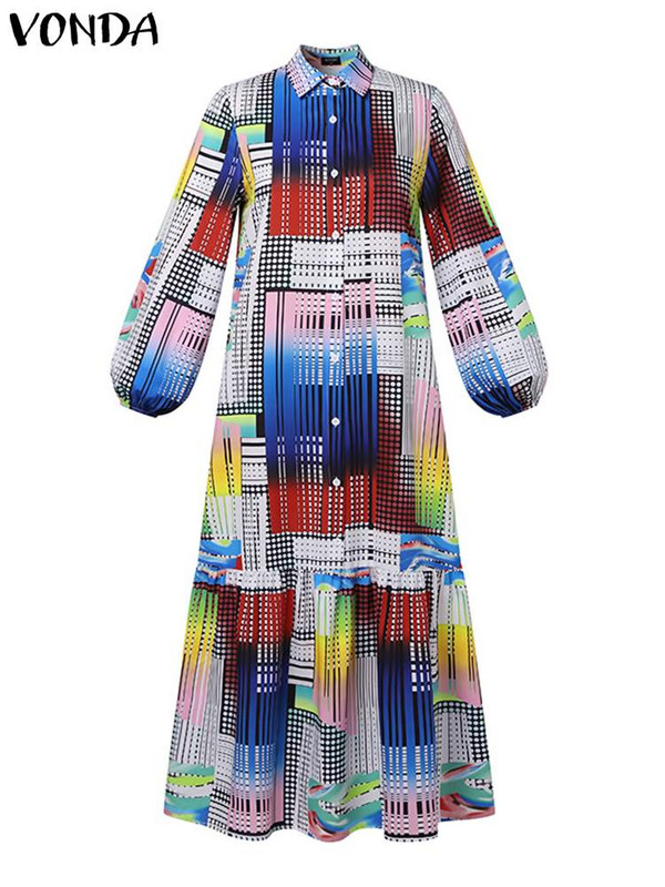Liela izmēra 5XL VONDA 2024. gada vasaras Bohēmijas apdrukāta kleita sievietēm Eleganta ar garām piedurknēm Vintage Maxi Sundress Ikdienišķas pogas, brīvs halāts
