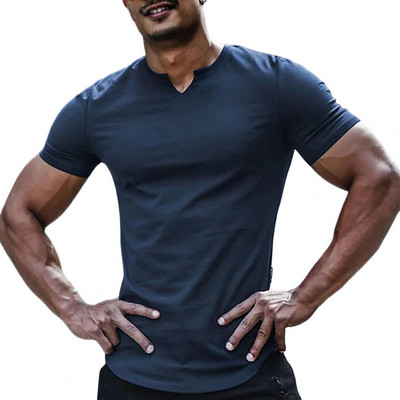 Nou în Topuri pentru bărbați cu decolteu în V cu mânecă scurtă cu tiv Tricou bărbați de vară în culori uni Tricou simplu Streetwear