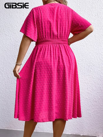 GIBSIE Plus Size Swiss Dot Surplice Λαιμόκοψη με μανίκια πεταλούδα Γυναικείο φόρεμα, καλοκαιρινό καθημερινό, ψηλή ελαστική μέση, μασίφ φορέματα μίντι σε γραμμή Α