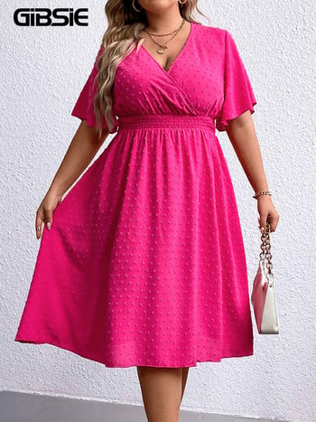 GIBSIE Plus Size Swiss Dot Surplice Λαιμόκοψη με μανίκια πεταλούδα Γυναικείο φόρεμα, καλοκαιρινό καθημερινό, ψηλή ελαστική μέση, μασίφ φορέματα μίντι σε γραμμή Α