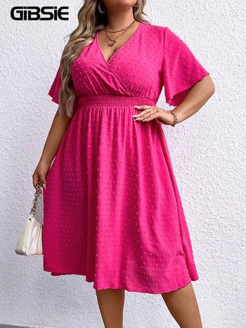 GIBSIE Plus Size Swiss Dot Surplice Λαιμόκοψη με μανίκια πεταλούδα Γυναικείο φόρεμα, καλοκαιρινό καθημερινό, ψηλή ελαστική μέση, μασίφ φορέματα μίντι σε γραμμή Α