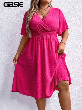 GIBSIE Plus Size Swiss Dot Surplice Λαιμόκοψη με μανίκια πεταλούδα Γυναικείο φόρεμα, καλοκαιρινό καθημερινό, ψηλή ελαστική μέση, μασίφ φορέματα μίντι σε γραμμή Α