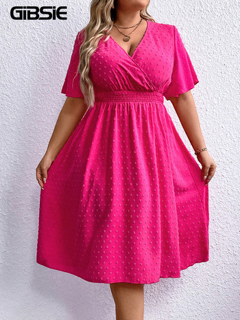 GIBSIE Plus Size Swiss Dot Surplice Λαιμόκοψη με μανίκια πεταλούδα Γυναικείο φόρεμα, καλοκαιρινό καθημερινό, ψηλή ελαστική μέση, μασίφ φορέματα μίντι σε γραμμή Α