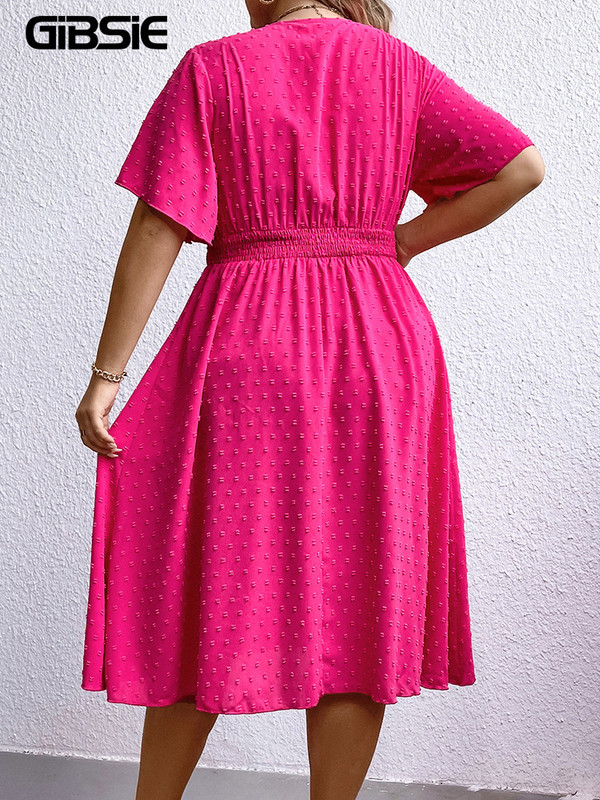 GIBSIE Plus Swiss Dot Surplice nyakú pillangós ujjú ruha Női alkalmi nyári magas elasztikus derekú tömör Midi A-vonalú ruhák