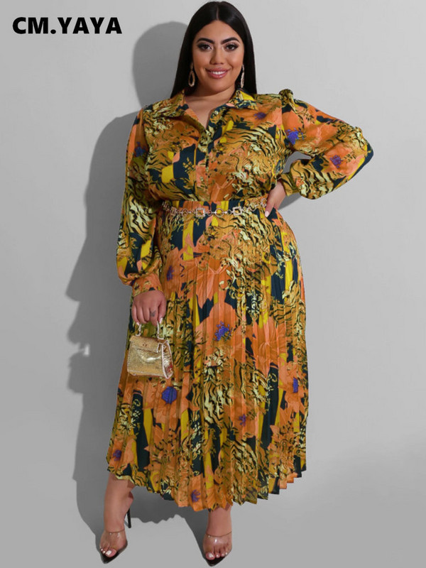 CM.YAYA didelio dydžio leopardo raštais spausdinti du 2 dalių komplektai moteriški elegantiški marškiniai ilgomis rankovėmis ir plisuotas maksimalūs ilgi sijonai