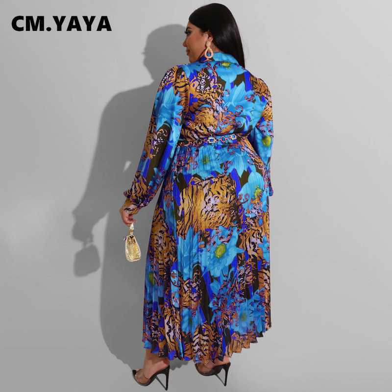 CM.YAYA didelio dydžio leopardo raštais spausdinti du 2 dalių komplektai moteriški elegantiški marškiniai ilgomis rankovėmis ir plisuotas maksimalūs ilgi sijonai