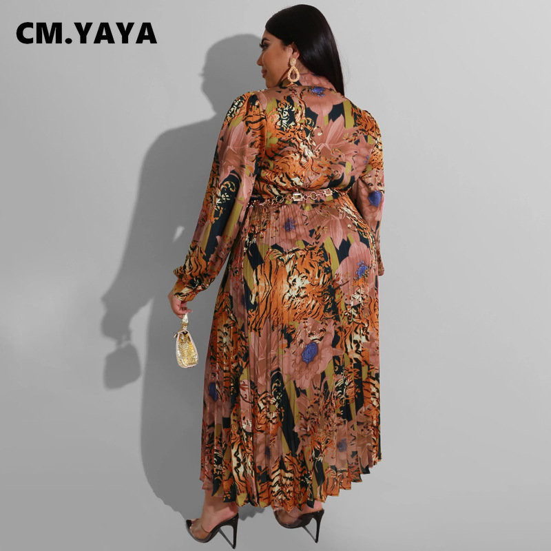 CM.YAYA didelio dydžio leopardo raštais spausdinti du 2 dalių komplektai moteriški elegantiški marškiniai ilgomis rankovėmis ir plisuotas maksimalūs ilgi sijonai