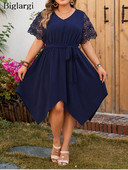 Rochie midi neregulată Sumemr de dimensiuni plus mari, femei, scobită, mozaic, mânecă scurtă, rochii de modă pentru femei, rochie pliată largi pentru femei