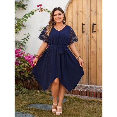 Rochie midi neregulată Sumemr de dimensiuni plus mari, femei, scobită, mozaic, mânecă scurtă, rochii de modă pentru femei, rochie pliată largi pentru femei
