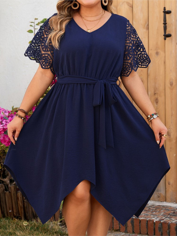 Rochie midi neregulată Sumemr de dimensiuni plus mari, femei, scobită, mozaic, mânecă scurtă, rochii de modă pentru femei, rochie pliată largi pentru femei