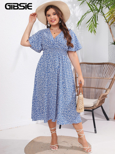 GIBSIE Plus Size Ditsy Floral Decolteu în V Boho Rochie Lungă Femei Vară Mâneci Scurte Talie Elastică Înaltă Vacanță Rochii A-Line 2023