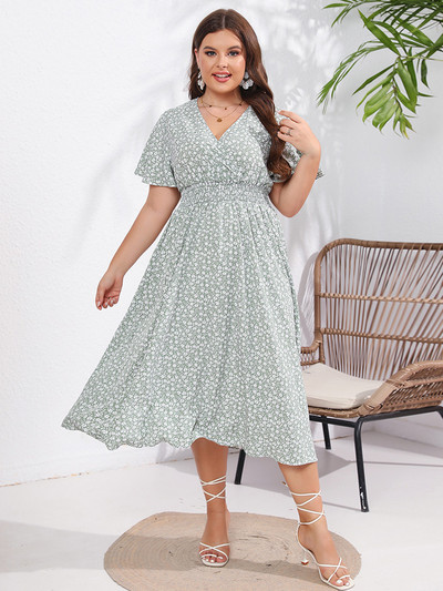 GIBSIE Plus Size Ditsy Floral Decolteu în V Boho Rochie Lungă Femei Vară Mâneci Scurte Talie Elastică Înaltă Vacanță Rochii A-Line 2023