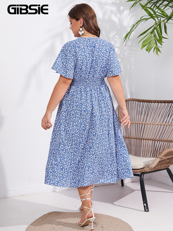GIBSIE Plus Size Ditsy Floral Decolteu în V Boho Rochie Lungă Femei Vară Mâneci Scurte Talie Elastică Înaltă Vacanță Rochii A-Line 2023