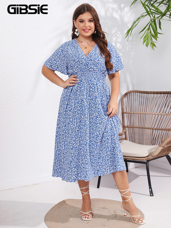 GIBSIE Plus Size Ditsy Floral Decolteu în V Boho Rochie Lungă Femei Vară Mâneci Scurte Talie Elastică Înaltă Vacanță Rochii A-Line 2023