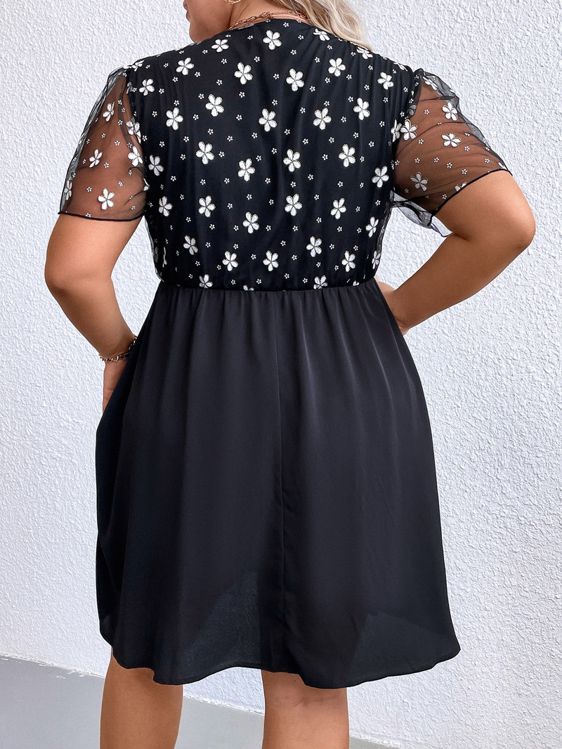 Ženska mrežasta haljina kratkih rukava velike veličine s omotom i V izrezom, ogrtač s cvjetnim printom na elastičnom struku, ljetna prozirna ženska haljina