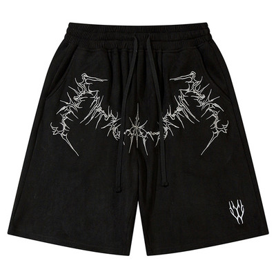 Vintage izšuvumi zamšādas šorti Vīriešu ielas apģērbs Harajuku hiphopa brīvi šorti 2024. gada vasaras lielizmēra ikdienas šorti