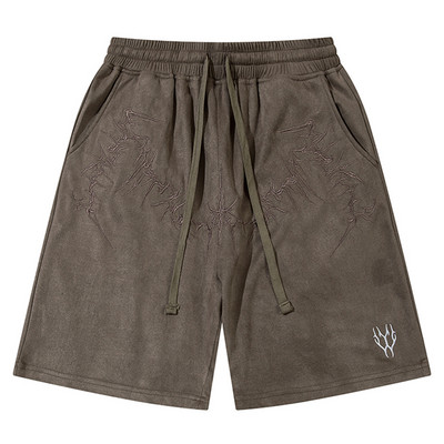 Vintage izšuvumi zamšādas šorti Vīriešu ielas apģērbs Harajuku hiphopa brīvi šorti 2024. gada vasaras lielizmēra ikdienas šorti