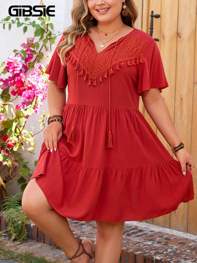 GIBSIE Plus Size stil etnic ciucuri cravată gât vară rochie A-Line 2024 noi femei cu mânecă scurtă vacanță boho volane mini rochii