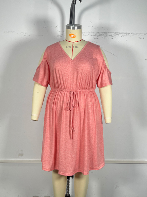 GIBSIE Plus méretű hideg vállú, V nyakú, rövid ujjú női nyári ruha 2024 tömör csomós elasztikus derékkal, alkalmi A-vonalú miniruhák